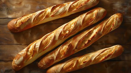 Poster - Four loaves of bread are sitting on a wooden table. The loaves are all different sizes and have a golden brown crust. The bread appears to be freshly baked and ready to be eaten