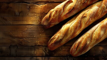 Poster - Three loaves of bread are sitting on a wooden table. The bread is toasted and looks delicious
