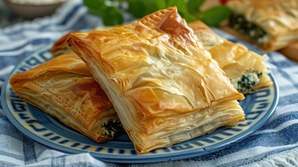 Poster - A plate of pastries with a blue and white tablecloth. The pastries are stacked on top of each other