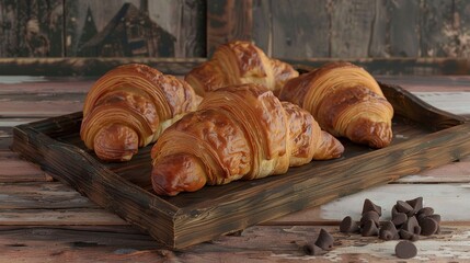 Poster - A tray of croissants with chocolate chips on top. The croissants are arranged in a neat row, and the chocolate chips add a touch of sweetness to the scene. Scene is inviting and delicious