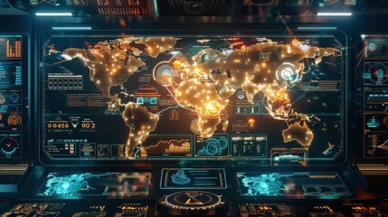 Aufkleber - A computer monitor displays a map of the world with a lot of lights on it. The map is surrounded by a lot of other monitors, all of which are displaying different information
