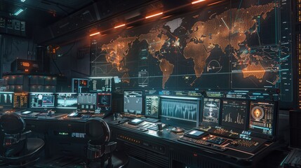 Aufkleber - A computer room with a large map of the world on the wall. The room is filled with computer monitors and a few chairs. Scene is focused and serious