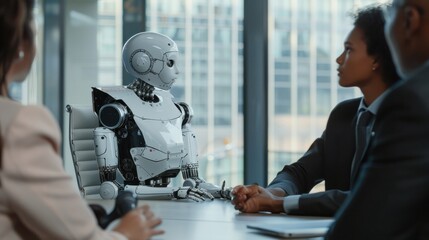 Poster - A robot is sitting at a table with a group of people. The robot is looking at the people and seems to be engaged in conversation