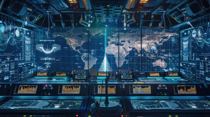 Poster - A computer room with a large screen showing a map of the world. The room is filled with computer monitors and the atmosphere is very futuristic