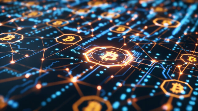 Detailed digital representation of Bitcoin network emphasizing blockchain technology