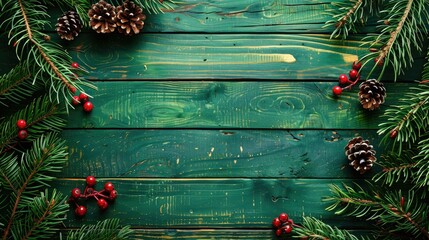 Poster - Bright green vintage wooden background with copy space for Christmas