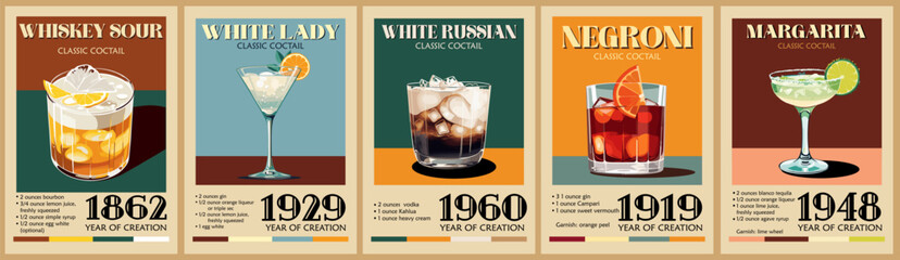 Cocktails retro poster set. White Russian, Margarita, Negroni, Whiskey Sour. Collection of popular alcohol drinks. Vintage flat vector illustrations for bar, pub, restaurant, kitchen wall art print.