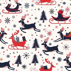Poster - A festive scene of reindeer and trees with a red and white background. The reindeer are flying through the air, some of them carrying gifts. Scene is joyful and celebratory