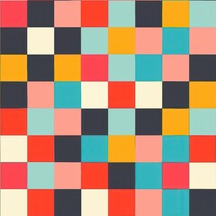 Poster - This image showcases a vibrant abstract pattern with various colored squares. The pattern features a grid with a mix of red, yellow, blue, pink, white, and black squares arranged in a dynamic, repeati