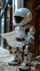 Poster - A robot is holding a piece of paper and standing in a room. The robot is white and has a helmet on its head. The robot appears to be reading the paper, possibly a blueprint or a manual