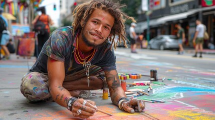 Poster - A man with dreadlocks is painting on a sidewalk. He is smiling and he is enjoying himself