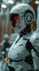 Leinwandbilder - A robot with red eyes stands in a room. The robot is wearing a white suit and has a red circle on its head. The robot is surrounded by other robots, and there is a computer monitor in the background