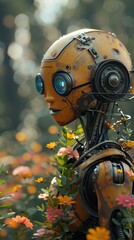 Leinwandbilder - A robot with a yellow body and blue eyes stands in a field of flowers. The robot is surrounded by flowers, with some of them being yellow and orange. The scene is peaceful and serene
