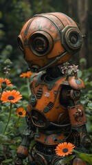 Poster - A robot with a number 20 on its chest stands in a field of flowers. The robot is orange and has a metallic appearance. The scene is peaceful and serene