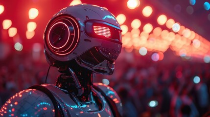 Leinwandbilder - A robot is standing in a crowd of people. The robot is wearing a helmet with red lights. The crowd is illuminated by bright lights, creating a futuristic and energetic atmosphere