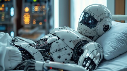Leinwandbilder - A robot is laying on a hospital bed. The robot is white and has a helmet on its head. The robot is not moving and he is resting
