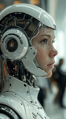 Leinwandbilder - A woman in a white robot suit with blue eyes