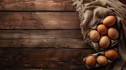 Wall Mural - Wooden background with chicken eggs