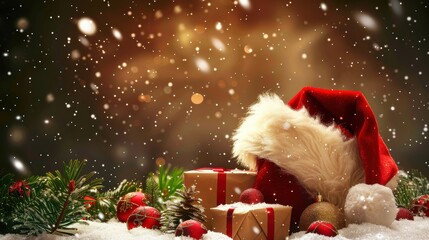 Poster - A Christmas scene with a red hat on top of a box and a tree with snow on it