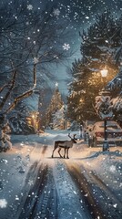 Poster - A deer is walking down a snowy road in front of a Christmas tree. The scene is peaceful and serene, with the snow-covered ground and the bright lights of the tree creating a warm