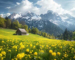 Wall Mural - Sunny alpine landscape  idyllic spring meadow with blooming flowers in high quality image