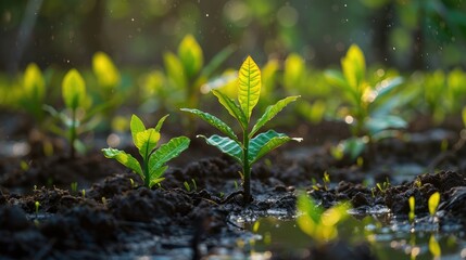 Wall Mural - Lush young tropical plants thrive in nutrient rich soil as the first light of sunrise bathes them in a soft glow Up close delicate seedlings emerge during the early days of the rainy season