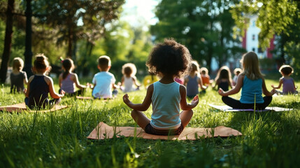 Sticker - A group of children practicing yoga and meditation on mats in a park under the sunlight.