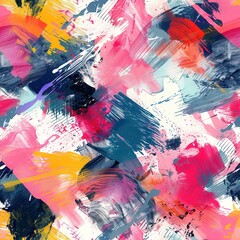Poster - This is a vibrant, abstract digital painting featuring a seamless pattern of colorful brushstrokes. The artwork displays a chaotic yet harmonious blend of pink, blue, yellow, and red hues on a white b