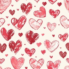 Aufkleber - This image shows a seamless pattern of various sizes of red and pink hearts, all hand drawn on a cream background. The hearts are all different shapes and sizes, and some have a more defined outline t