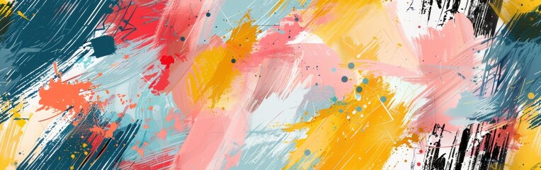 Poster - This digital painting features a dynamic composition of abstract shapes in a variety of colors, including blue, yellow, pink, and black. The artist has used a combination of brush strokes and splatter