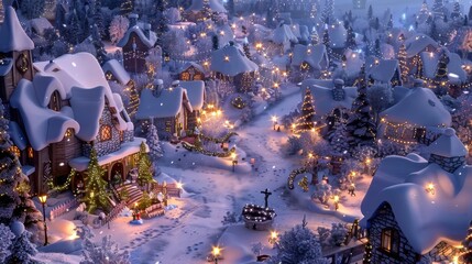Aufkleber - An aerial view of a quaint village nestled in a snowy forest, illuminated with Christmas lights. The houses are covered in snow, and the trees are frosted with ice. The village is lit up with glowing 