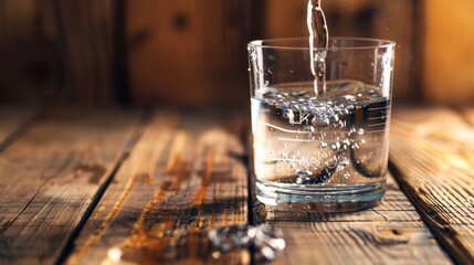High quality image of a glass of water on a wooden table with selective focus and lighting effects