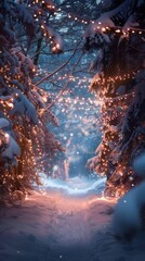 Poster - A snowy forest path at night, illuminated by strings of warm, white lights. The path winds through the snow-covered trees, creating a magical and enchanting scene. The soft glow of the lights casts a 