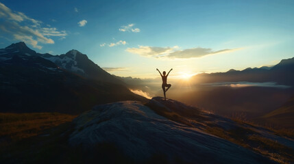 Wall Mural - A person practices yoga on a mountain peak during a sunrise, standing in a tree pose amidst a scenic landscape with mountains and a clear sky.