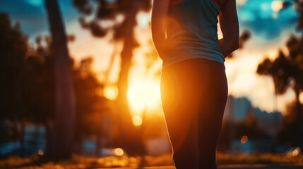 Poster - Silhouette of a person in athletic wear standing outdoors during sunset, with warm sunlight creating a glowing effect.