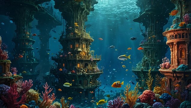 The vibrant colors of a bustling underwater city inhabited by fantastical sea creatures ai_generated