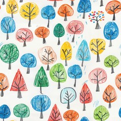 Poster - This image features a seamless pattern of colorful, hand-drawn trees on a white background. The trees are drawn in various shapes and sizes, with a variety of colors used to represent their leaves and