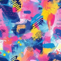 Poster - This image shows a vibrant abstract pattern created with bold brushstrokes in various colors, including pink, blue, yellow, and white. The pattern is designed with a variety of abstract shapes and tex