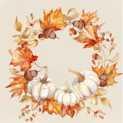 Poster - This image is a watercolor painting of an autumn wreath made from leaves, acorns, and pumpkins. It features a variety of fall foliage in shades of orange, red, and yellow, along with white pumpkins an