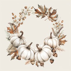 Poster - This image is a watercolor painting of a wreath made of white pumpkins, brown leaves, and acorns. It is a simple yet beautiful autumn-themed design.