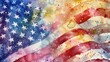 © vadosloginov - A watercolor painting depicting the American flag with white stars on a blue field and red and white stripes. The painting is abstract and uses a variety of colors and textures to create a unique and