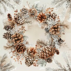 Poster - This image is a watercolor illustration depicting a wreath made of pine cones and frosted evergreen branches. The wreath is arranged in a circular pattern and features various sizes and shapes of pine