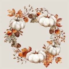 Poster - This image features a watercolor painting of a circular wreath made of autumn leaves, branches, pine cones, and white pumpkins. The wreath is arranged on a light brown background, with the pumpkins po