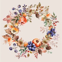 Poster - This image depicts a watercolor painting of a fall wreath. The wreath is composed of leaves, berries, and fruit, including pumpkins, grapes, and persimmons. The colors are vibrant and autumnal, with s