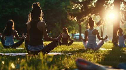 Wall Mural - Group of people practicing yoga in a park during sunrise, sitting in a meditative pose on yoga mats, surrounded by nature.