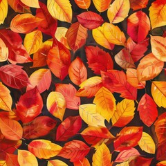 Poster - This image is a watercolor illustration depicting a close-up view of vibrant autumn leaves in various shades of red, orange, and yellow. The leaves are arranged in a random pattern, creating a visuall