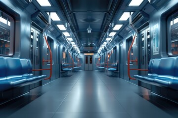 Interior view of a modern subway. Empty subway transport.