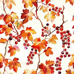 Poster - This image is a digital watercolor illustration featuring a vine with leaves that are a vibrant orange and red color. The vine is laden with red berries in clusters. The illustration is painted on a w