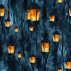 Fototapete - A watercolor painting depicts a dark forest scene with numerous lanterns glowing brightly against the backdrop of bare trees. The lanterns cast a warm, inviting light, contrasting with the shadowy, my