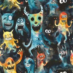 Poster - A colorful watercolor illustration featuring a variety of cartoon monsters with different expressions and body shapes. They are all dancing joyfully in a dark night sky, filled with twinkling stars. T